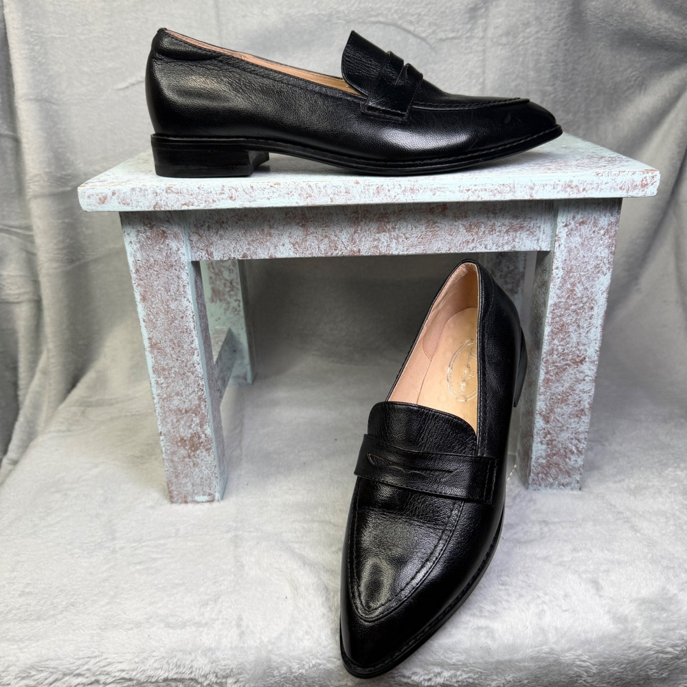 Mona Flying Leather Penny Loafers Womens 7.5 Black Pointed Toe Flats BJL089-6